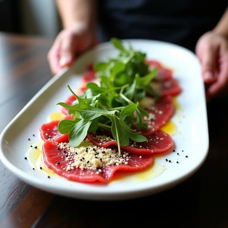 Carpaccio de Res con Rúcula, Parmesano Vegano y Vinagreta de Mostaza: Entrante Italiano Crudo y Vegano