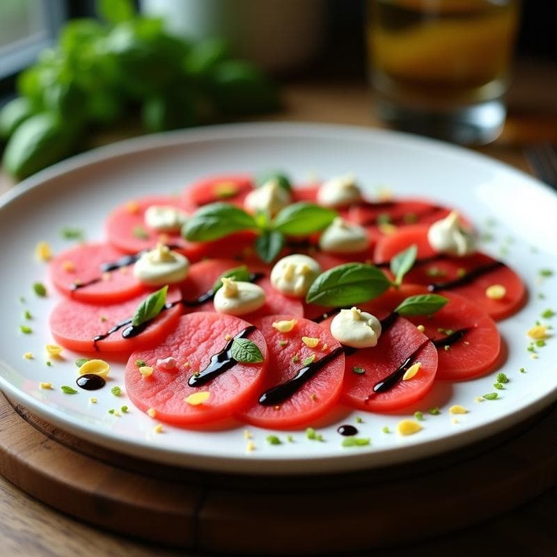 Carpaccio de Sandía y Queso de Almendras con Vinagreta de Albahaca: Receta Vegana Italiana Refrescante