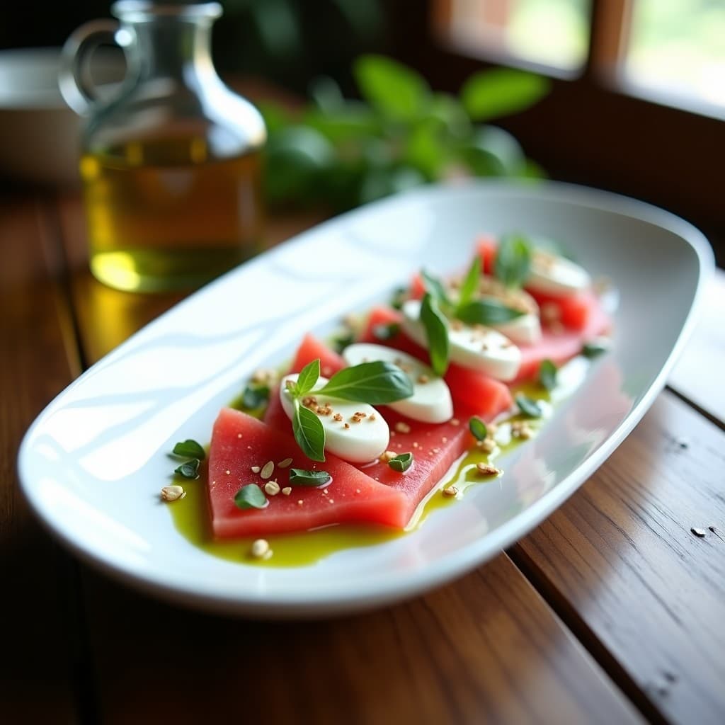 Carpaccio de Sandía y Queso de Búfala con Vinagreta de Albahaca: Entrante Italiano Fresco y Original