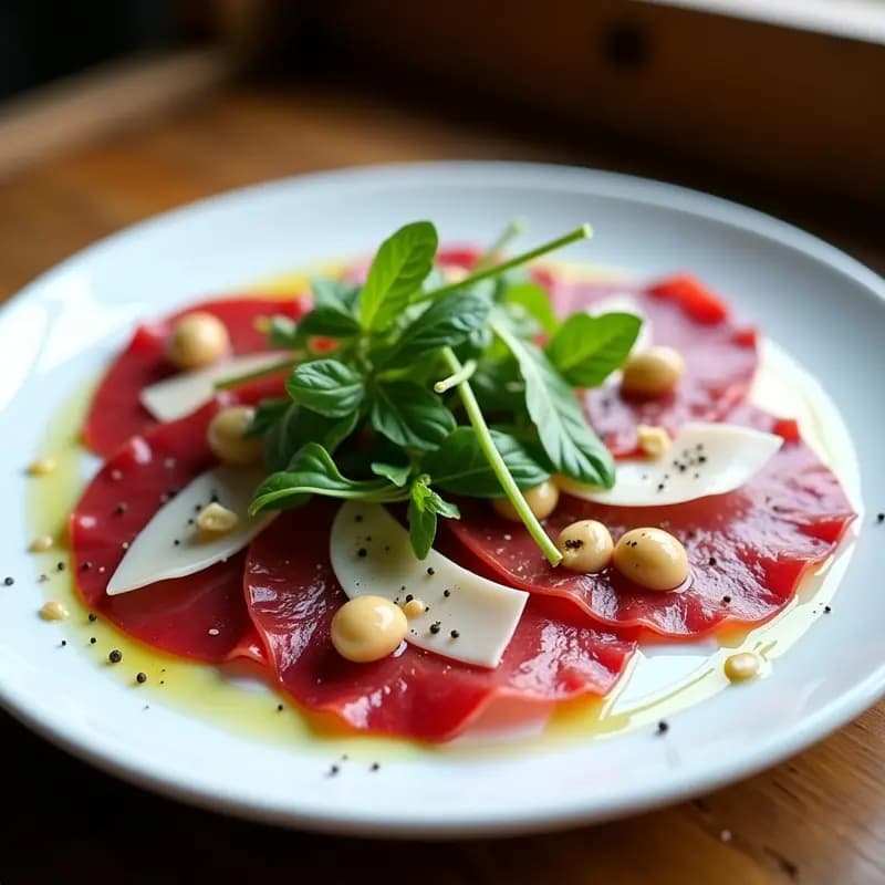 Carpaccio de ternera con rúcula, virutas de parmesano y aceite de trufa: Receta Italiana Gourmet sin cocción