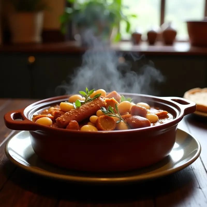 Cassoulet Francés de Fabes, Salchicha Toulouse y Confit de Pato: Guiso de Slow Cooking