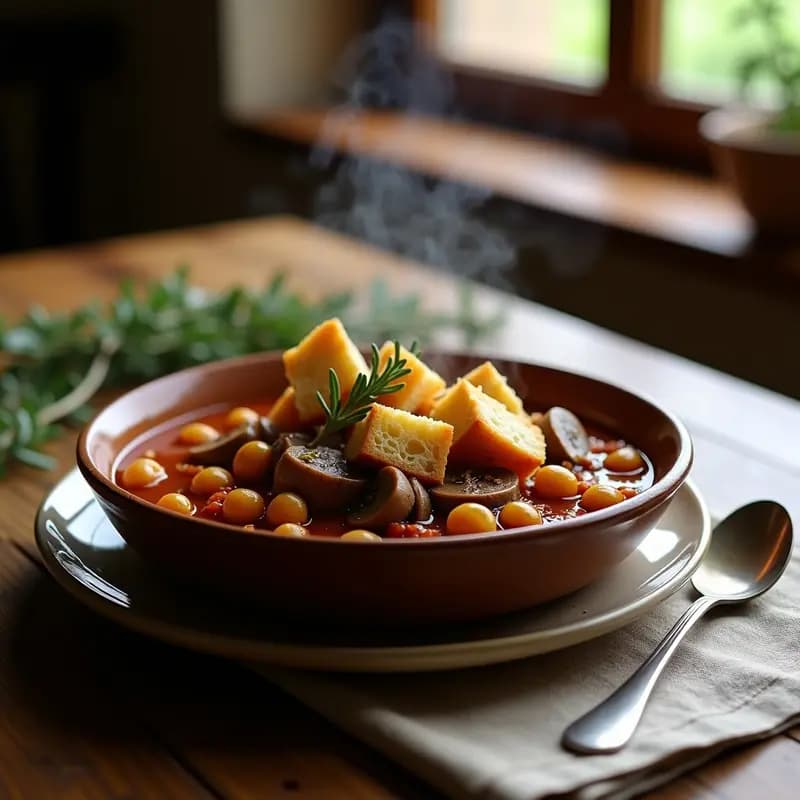 Cassoulet de Garbanzos y Champiñones: Estofado Francés Vegano con Pan Crujiente