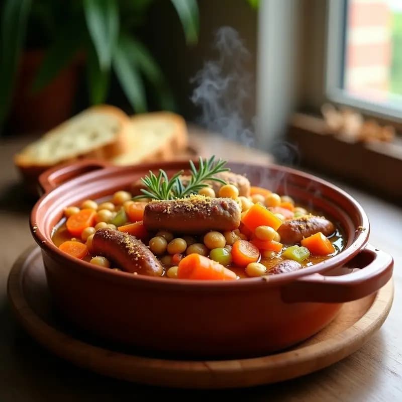 Cassoulet de Garbanzos y Salchichas Veganas: Receta Francesa en Olla Lenta Sin Carne