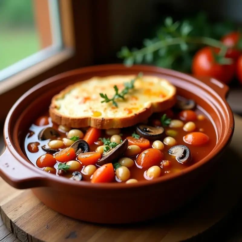 Cassoulet Francés Vegano: Estofado de Frijoles Blancos y Verduras con Costra de Pan