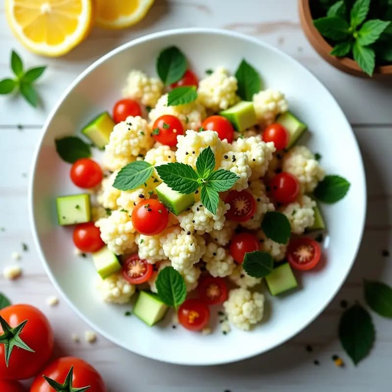Cauliflower Tabbouleh: Ensalada de Coliflor Rallada, Tomate y Hierbabuena con Vinagreta de Limón
