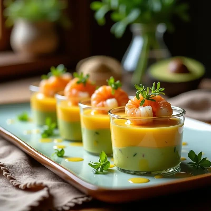 Causa Rellena de Camarones y Aguacate con Leche de Tigre: Entrante Peruano en Capas