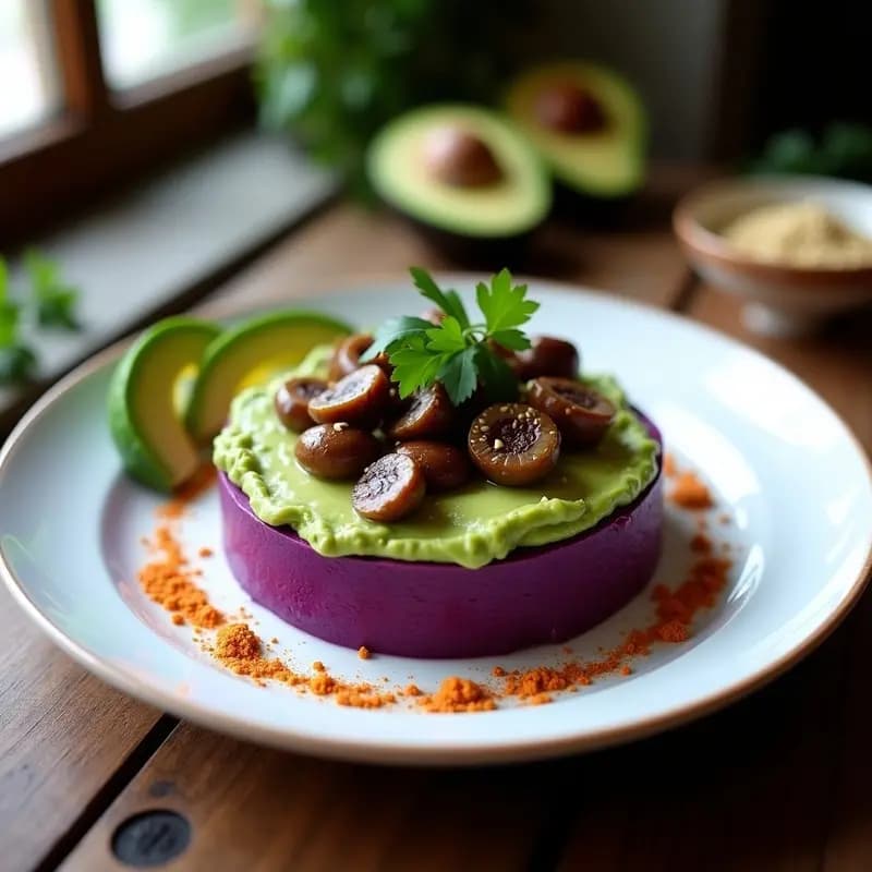 Causa de Camote Morado y Aguacate: Receta Peruana Vegana con Relleno de Champiñones Salteados