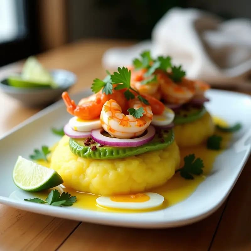 Causa Limeña Rellena de Aguacate y Langostino: Entrante Peruano Colorido y Fresco