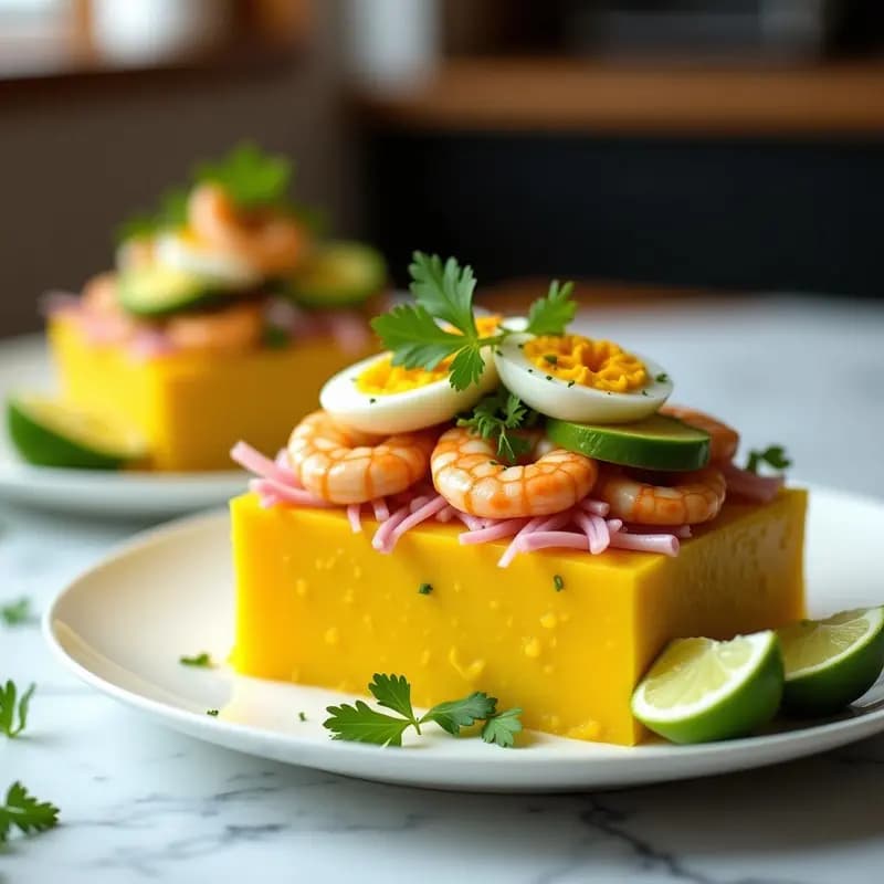 Causa Limeña de Camarones: Pastel Peruano de Papa Amarilla y Ají Amarillo