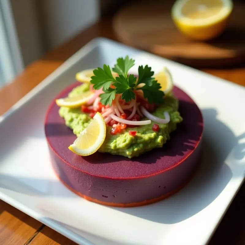 Causa Limeña de Palma Corazón: Pastel Peruano de Puré de Papa Morada con Aguacate