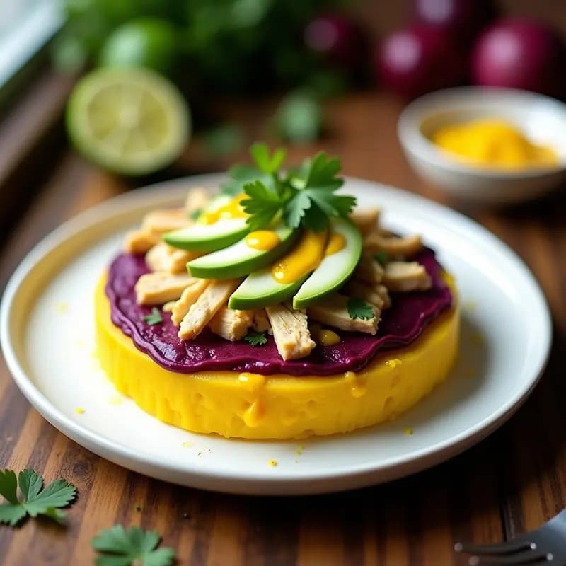 Causa Limeña Rellena de Pollo al Ají Amarillo: Entrante Peruano en Capas Coloridas