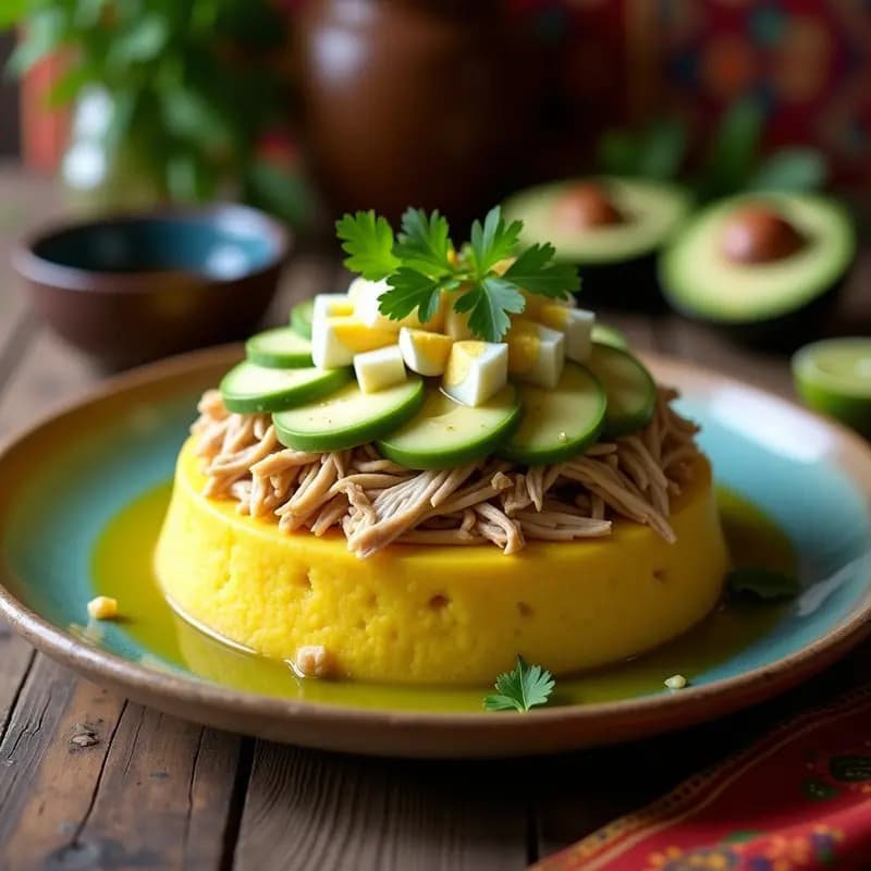Causa Limeña Rellena de Pollo al Ají Verde: Plato Peruano Sin Gluten y Baja en Calorías