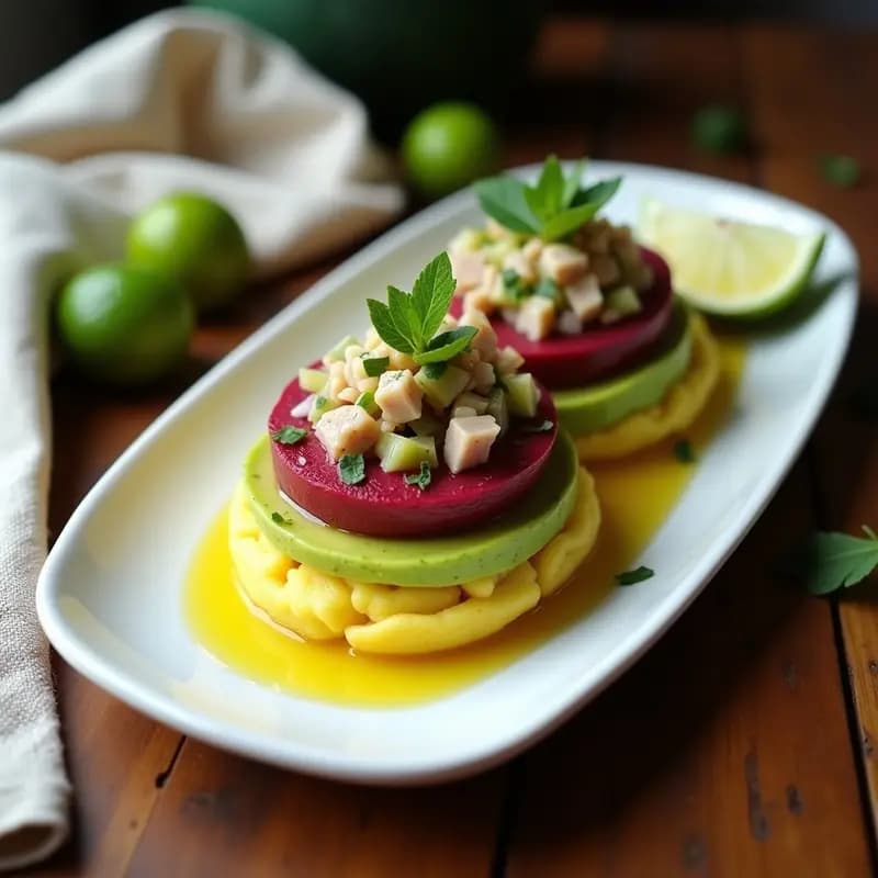 Causa limeña de Remolacha y Aguacate: Versión Colorida con Relleno de Atún y Lima