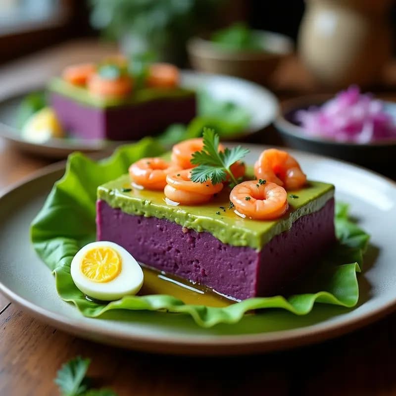 Causa de Papa Morada con Relleno de Palta y Langostinos: Receta Peruana Gourmet