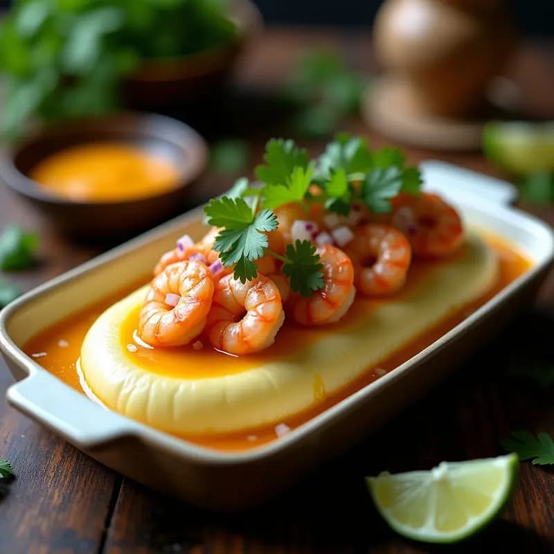 Causa de Yuca con Relleno de Langostinos al Ají Amarillo: Versión Peruana Sin Lácteos