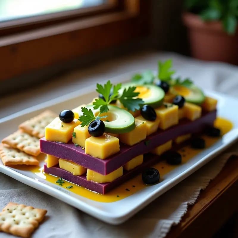 Causes Limeñas de Papa Morada y Pollo a la Huancaína: Receta Peruana Sin Gluten en Capas