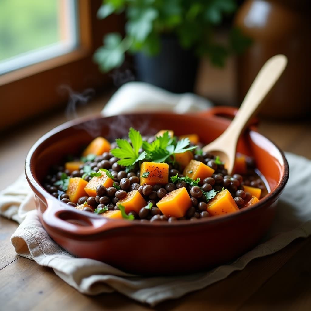 Cazuela de Lentejas Beluga y Calabaza: Receta en Olla Exprés con Toque de Comino y Cilantro
