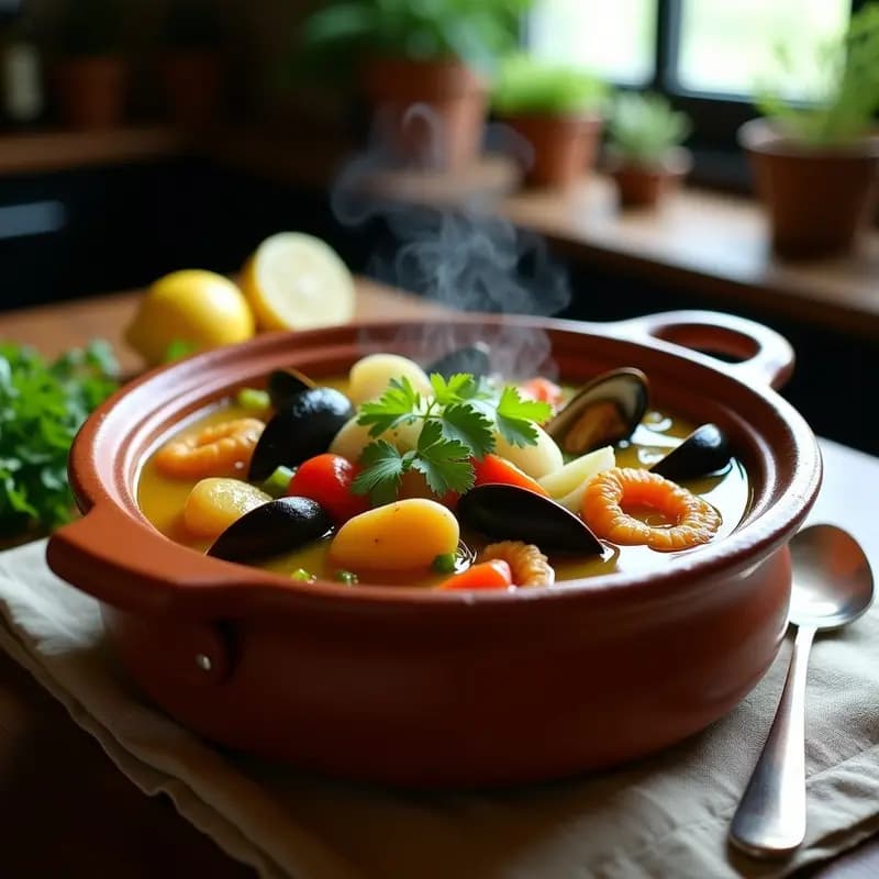 Cazuela de Mariscos a la Chilena: Guiso de Almejas, Mejillones y Choritos con Vino Blanco y Cilantro
