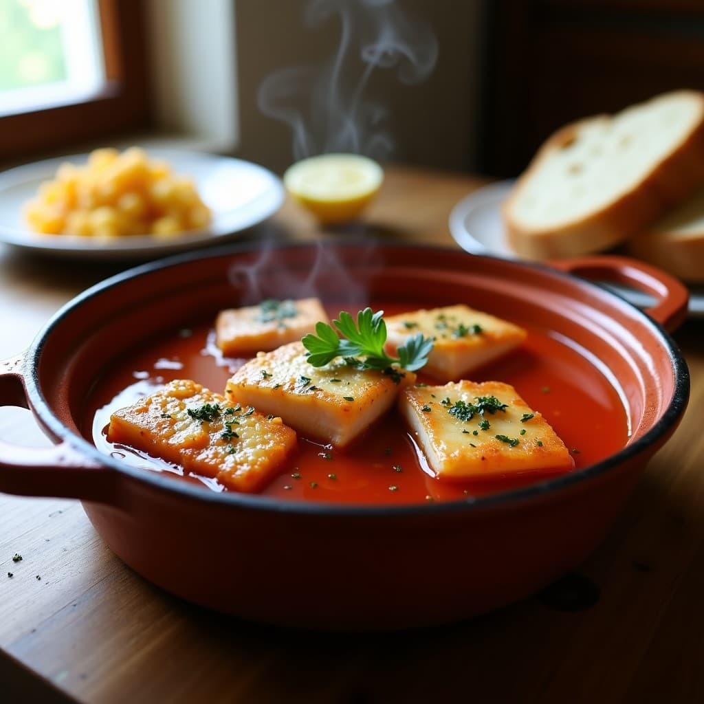 Cazuela de Pescado Blanco con Salsa de Piquillo y Ajo Negro: Receta Española en Olla Exprés
