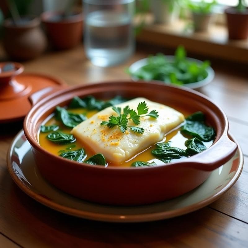 Cazuelita de Merluza y Espinacas con Vino Blanco y Azafrán: Receta en Olla Express Low-Carb y Sin Lactosa