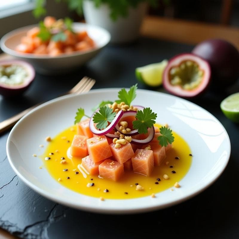 Cebiche Nikkei de Salmón Ahumado y Maracuyá: Receta Gourmet en 15 Minutos sin Cocción