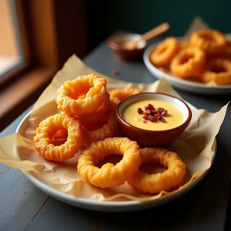 Cebolla Frita Crujiente con Dip de Queso Cheddar y Bacon: Aperitivo para Adictos al Crunch