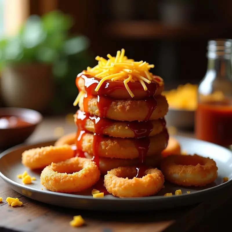 Cebolla Rebozada con Salsa Barbacoa y Queso Cheddar Derretido: Snack de Feria en Casa