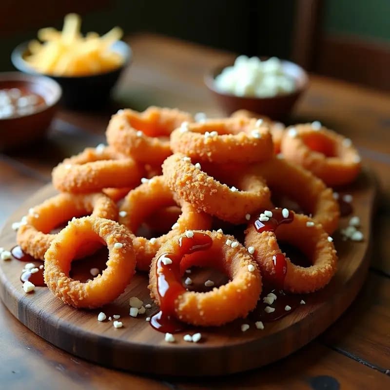 Cebollas Empanizadas con Salsa BBQ y Queso Azul: Aperitivo para Compartir