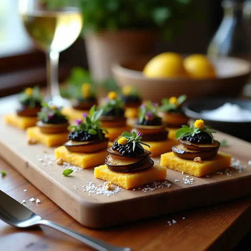 Cechetti de Berenjena Ahumada y Caviar de Lentejas: Aperitivo Veneciano Vegano