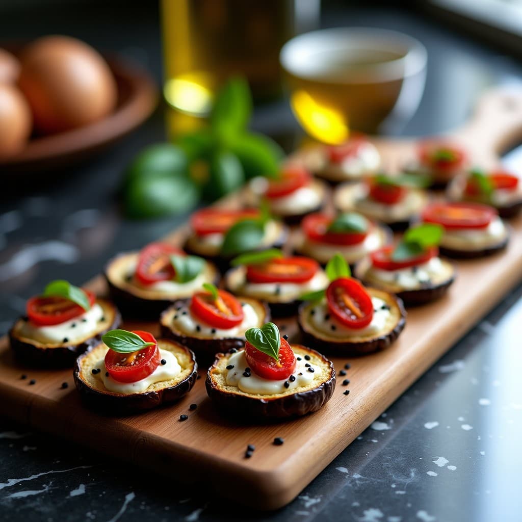 Cechetti de Berenjena Asada con Ricotta de Soja y Tomates Secos: Aperitivo Italiano Vegano