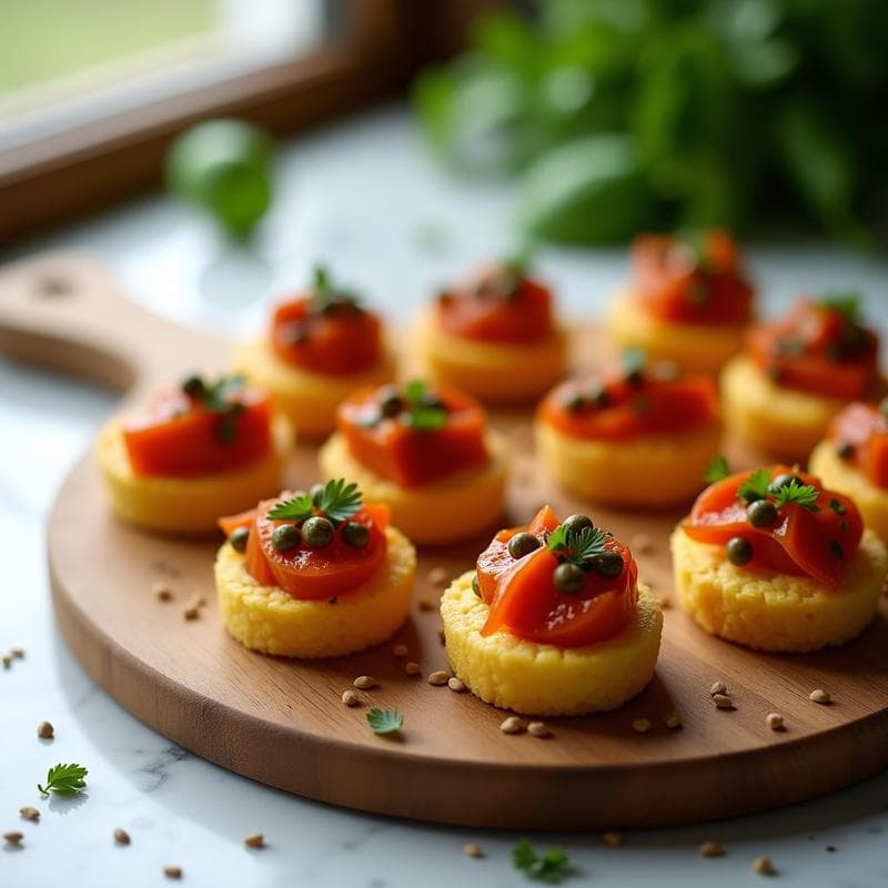 Cechetti de Polenta de Garbanzo con Salsa de Pimientos Asados y Alcaparras: Aperitivo Italiano Vegano
