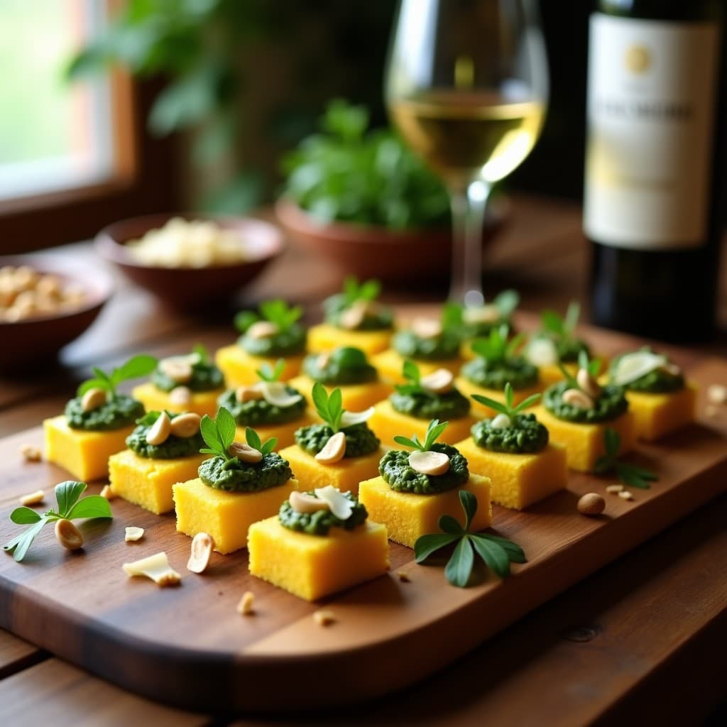 Cechetti de Polenta con Pesto de Rúcula y Piñones: Aperitivo Italiano Sin Horno