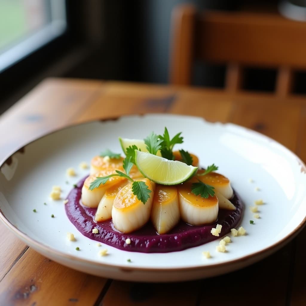 Concha de Abanico al Ají Limón con Puré de Camote Morado: Ceviche Peruano Gourmet en 15 Minutos