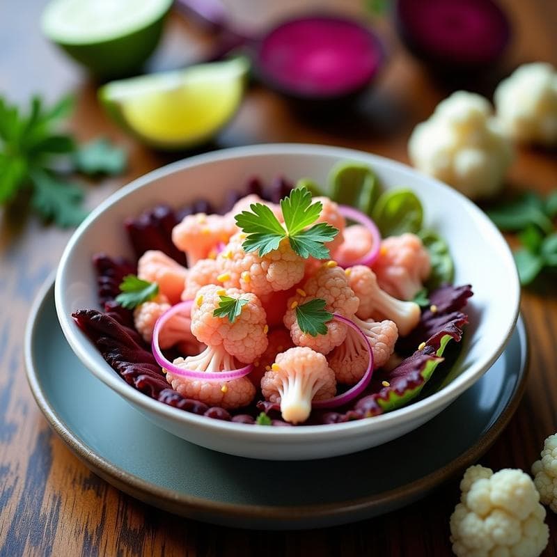 Ceiche de Coliflor y Leche de Tigre Rosa: Receta Vegana con Toque Peruano en 15 Minutos