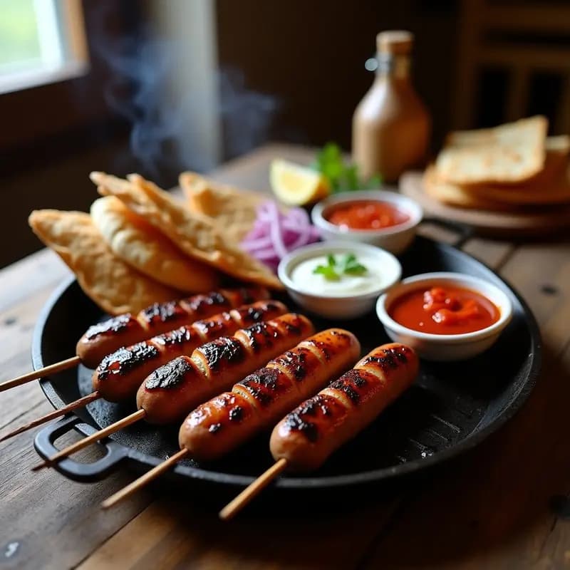 Cevapi Balcánico con Ajvar y Pan Pita: Brochetas de Carne Picante en Parrilla