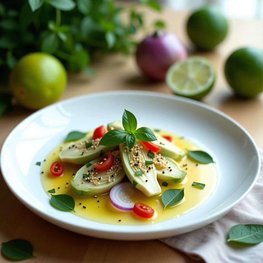Ceviche de Corazón de Alcachofa y Lima Kaffir: Receta Vegana Tailandesa-Italiana Refrescante