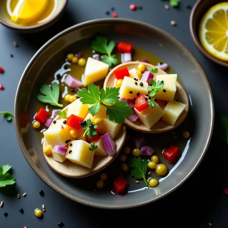 Ceviche de Corazón de Alcachofa con Salsa de Yuzu y Aceite de Oliva: Entrante Peruano-Japonés