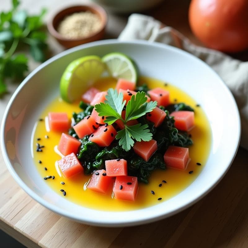 Ceviche de Algas Wakame y Pomelo Rosa: Receta Vegana con Leche de Tigre de Maracuyá