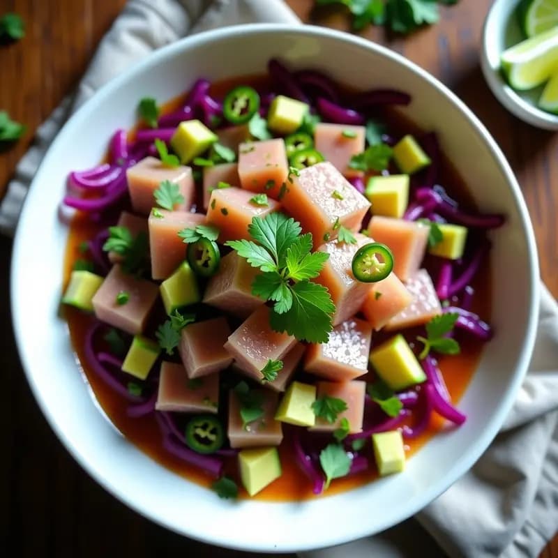 Ceviche de Atún con Cítricos y Jalapeño: Receta Peruana Keto con Aguacate y Lechuga Morada