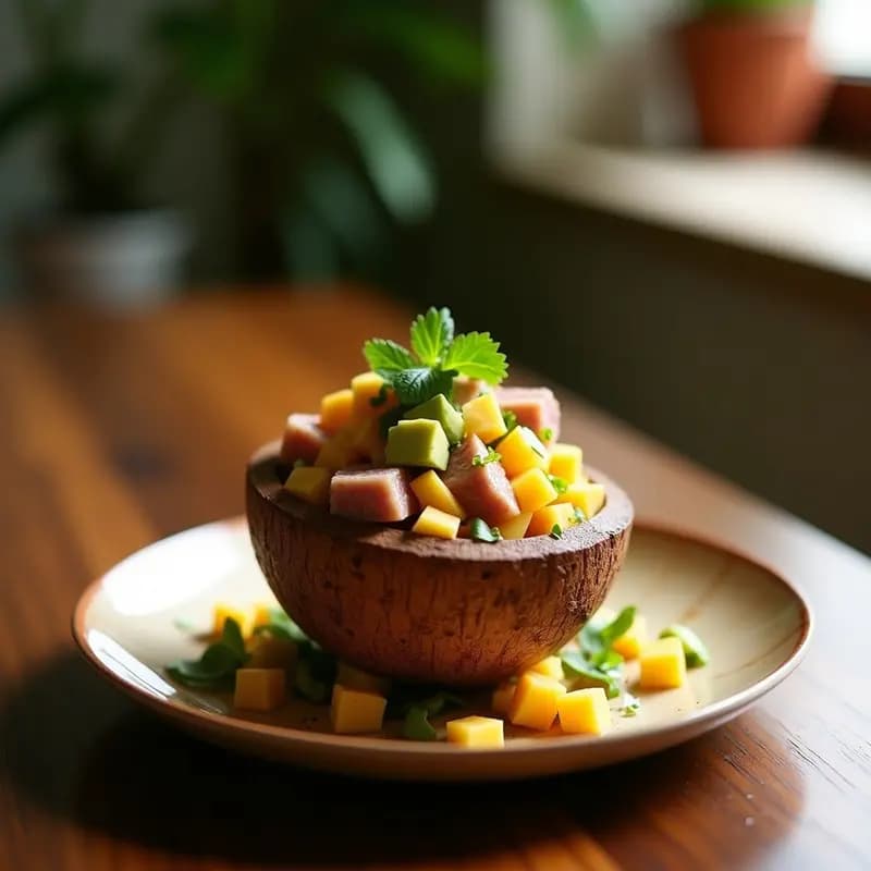 Ceviche de Atún con Mango y Aguacate en Copa de Coco: Entrante Peruano Tropical