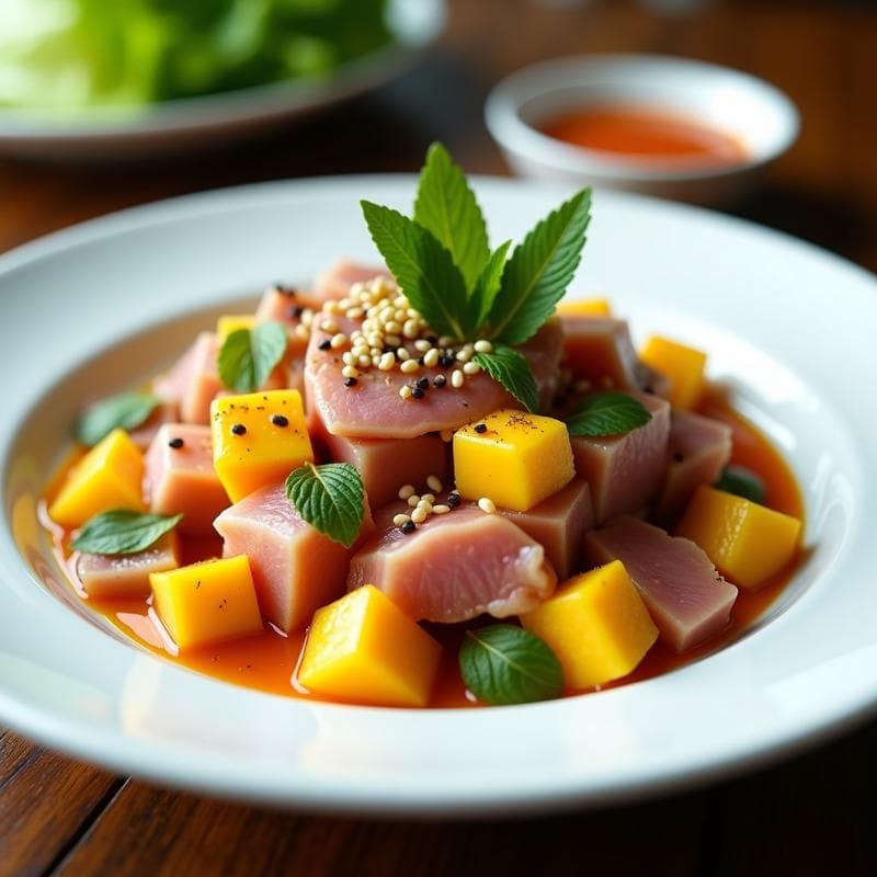 Ceviche de Atún con Mango y Salsa de Tamarindo: Receta Fusion Peruano-Tailandesa en 20 Minutos