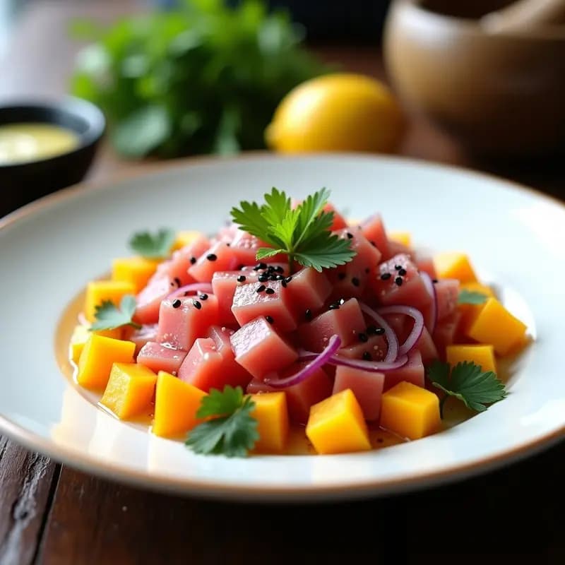 Ceviche de Atún Rojo con Mango y Cítricos: Receta Peruano-Japonesa Fusion