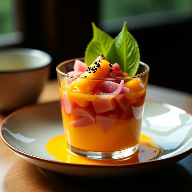 Ceiche de Atún Rojo con Mango y Leche de Tigre de Maracuyá: Receta Nikkei Peruano-Japonesa