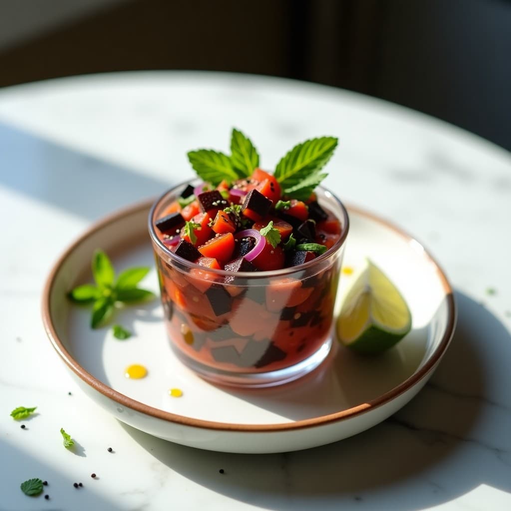 Ceviche de Berenjena Ahumada y Tomate de Árbol: Receta Vegana Colombiano-Peruana