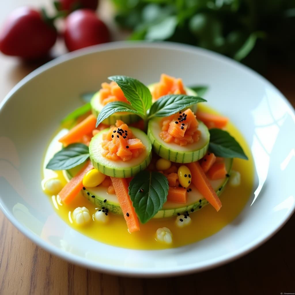 Ceviche de Calabacín y Algodón de Azúcar de Zanahoria: Entrante Crudivegano con Leche de Tigre de Maracuyá