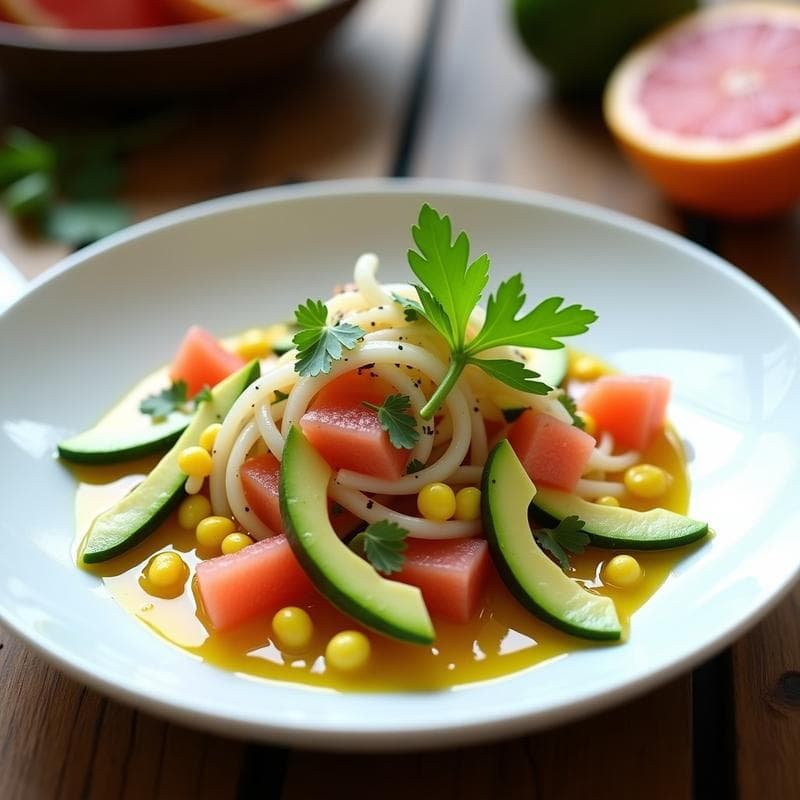 Ceviche de Calabacín y Pomelo con Leche de Tigre de Cúrcuma: Receta Peruana Vegana