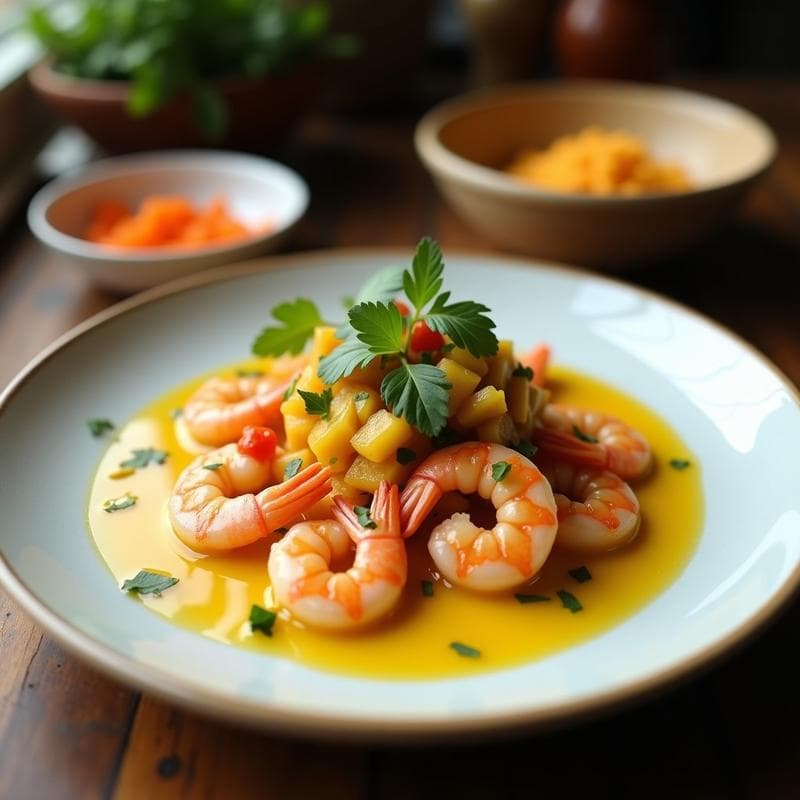 Ceviche de Camarón con Leche de Coco y Cúrcuma: Receta Tailandesa-Peruana Fusion en 15 Minutos
