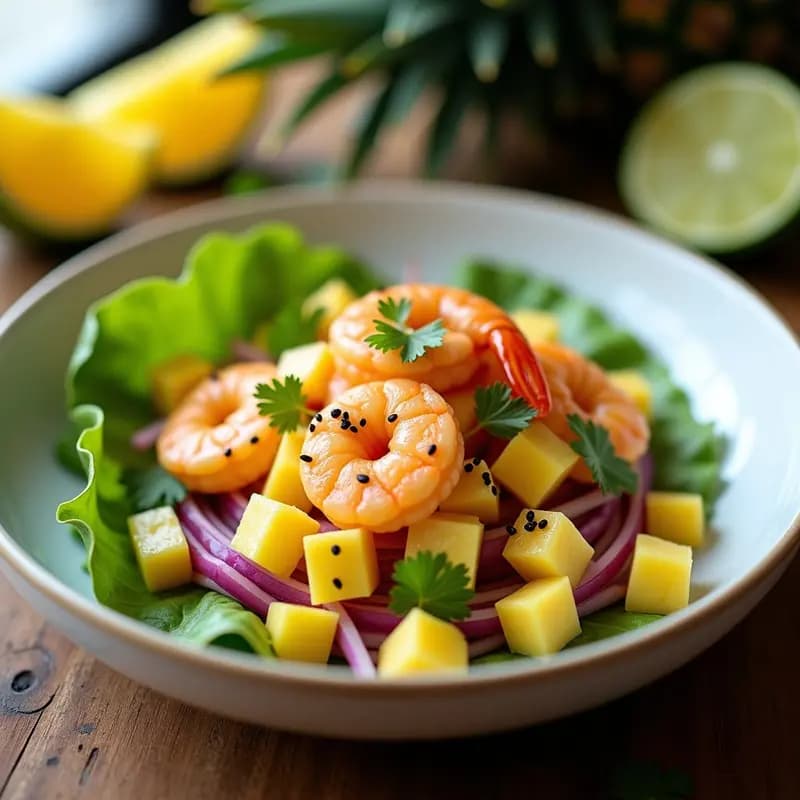 Ceviche de Camarón con Leche de Tigre de Piña: Receta Ecuatoriana Tropical con Crujiente de Maíz