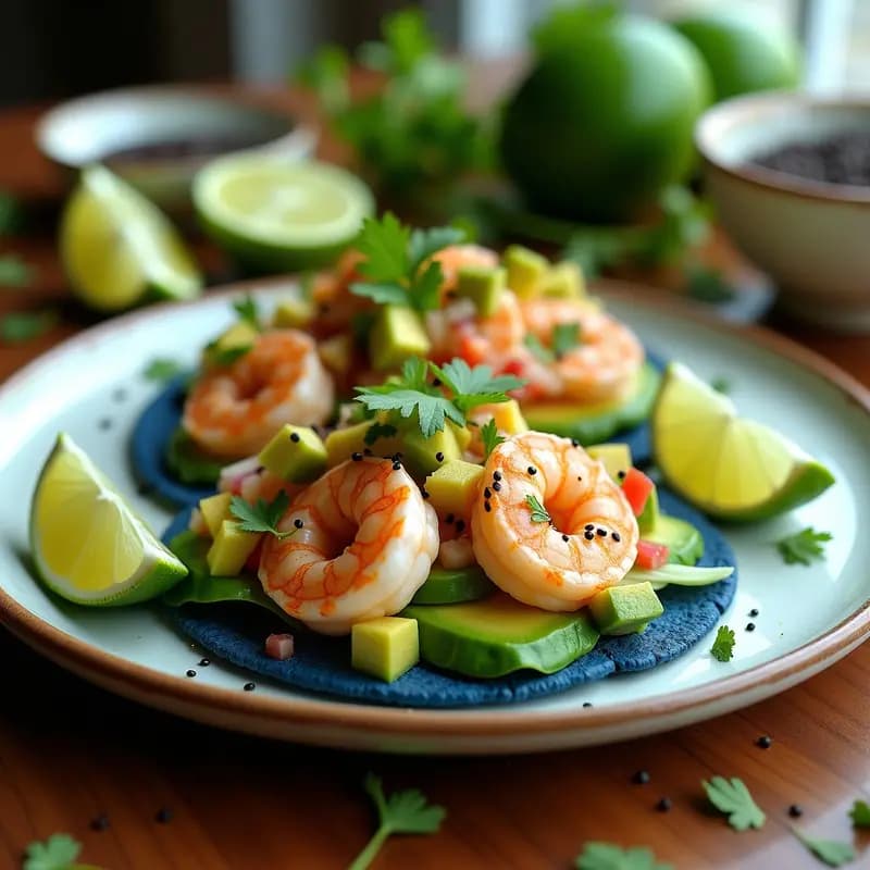 Ceviche de Camarón al Limón y Cilantro: Receta Mexicana con Aguacate y Tostadas de Maíz Azul