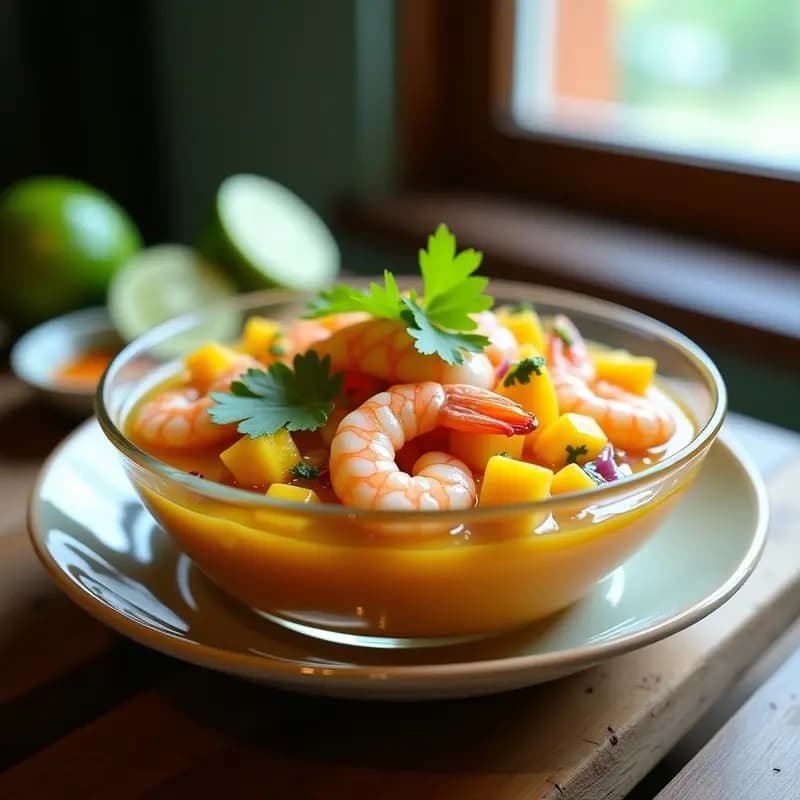 Ceviche de Camarón y Mango con Salsa de Maracuyá: Receta Ecuatoriana Alta en Proteína